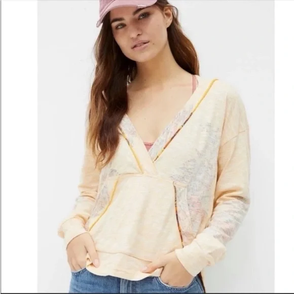 ANTHROPOLOGIE Floral V-Neck Hoodie Pullover Long Sleeve Tops Size S NWT
